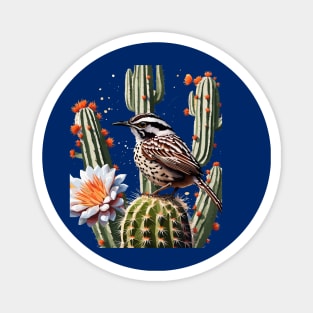 Cactus Wren Surrounded By Saguaro Cactus Blossom Magnet